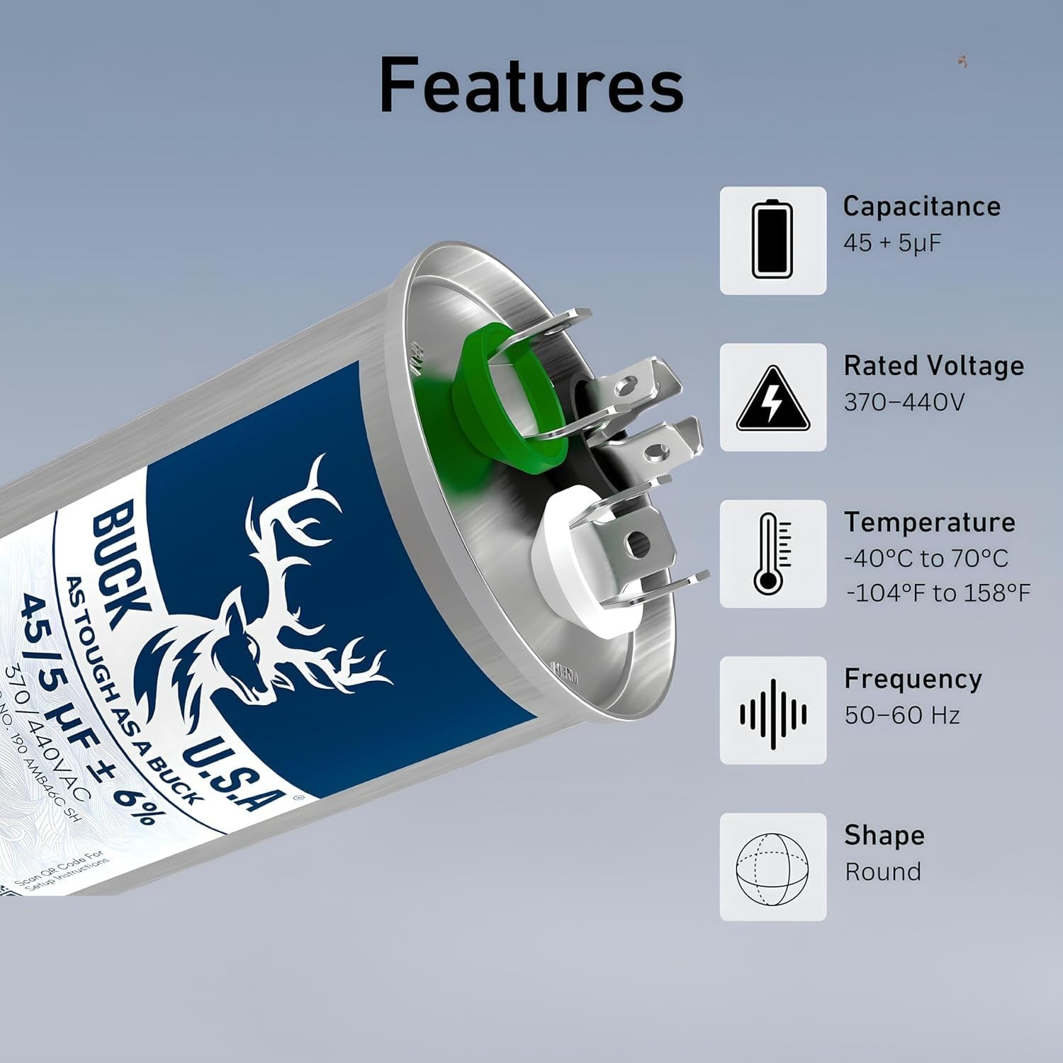 Dual Run Round Start Capacitor 45/5 MFD ±6% for HVAC, AC, Heat Pump, 370/440VAC