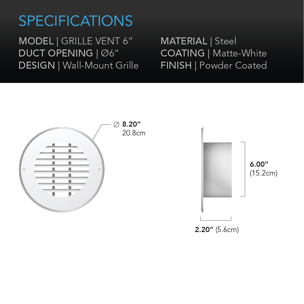 Wall-Mount Duct Grille Vent for Heating Cooling Ventilation, White Steel, 6-Inch
