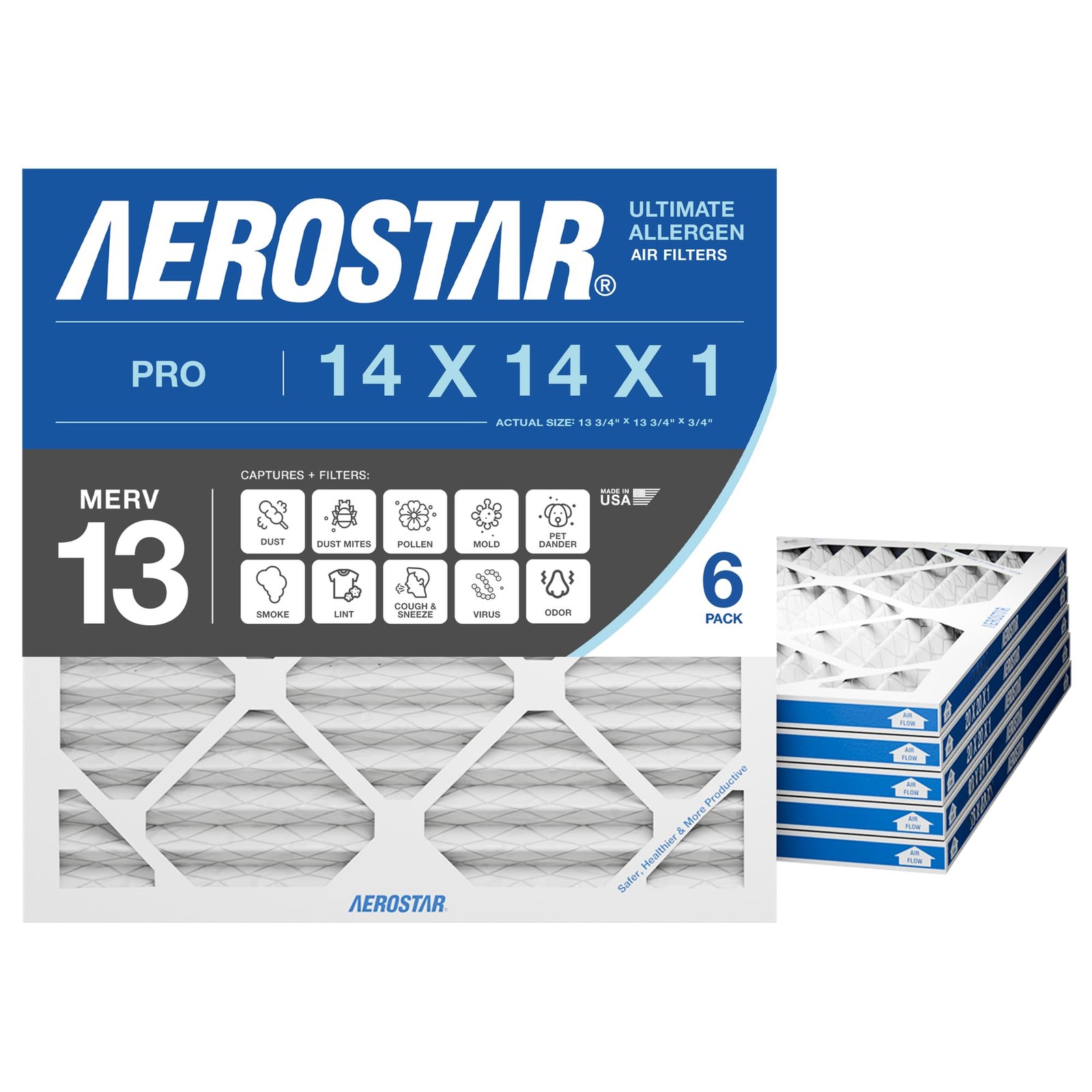 Aerostar 16x20x1 MERV 11 Air Filter, 6 Count, ACTUAL SIZE 6 PACK, 11