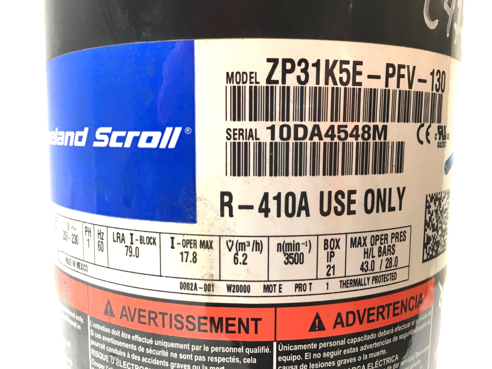 Copeland 2.5 Ton Scroll Compressor ZP31K5E-PFV-130 R410A 208/230V 1 PH used C477