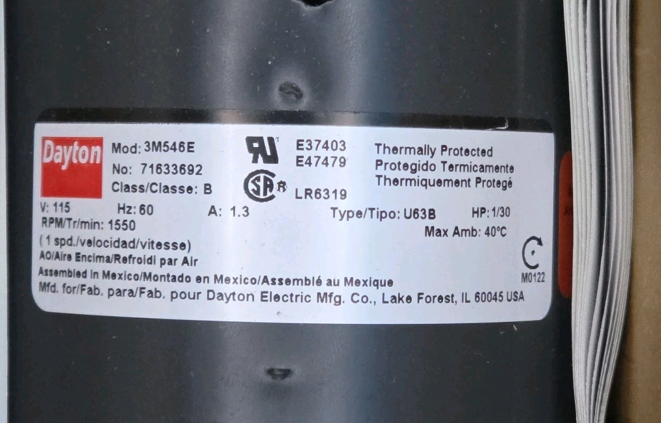 Dayton Blower Motor #3M546E RPM 1450, HP 1/30, V 115 HVAC NOS