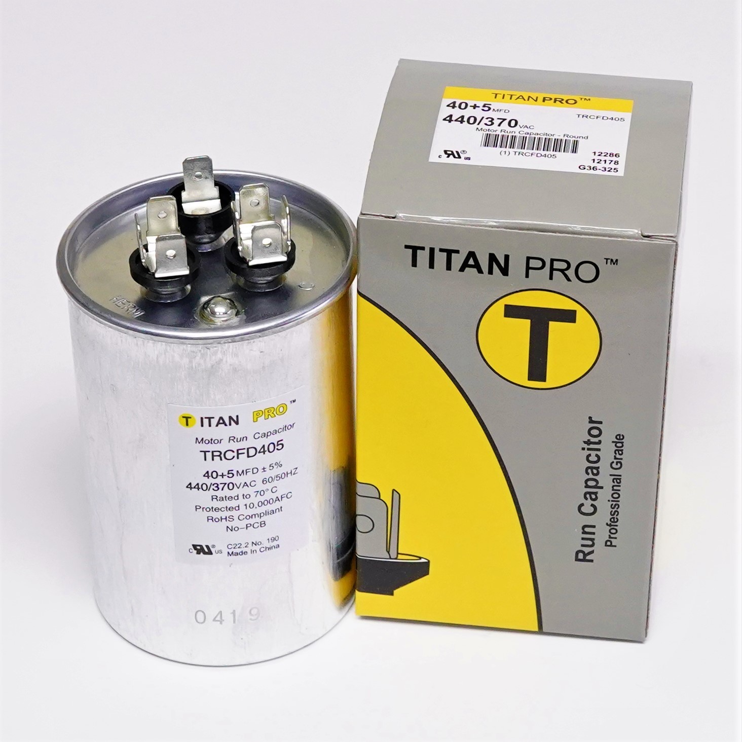TitanPro TRCFD405 HVAC Round Dual Motor Run Capacitor. 40/5 MFD/UF 440/370 Volt