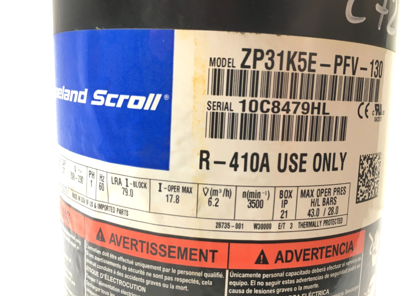 Copeland 2.5 Ton Scroll Compressor ZP31K5E-PFV-130 R410A 208/230V 1 PH used #C72