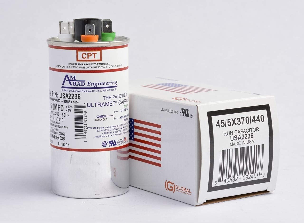 45+5 uf Dual Universal Capacitor for 370/440 VAC – Round, USA Made, High Quality