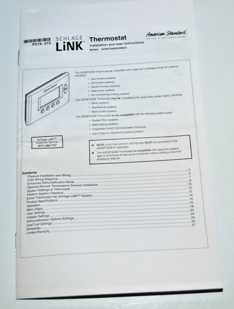 Trane® American Standard AZEMT500BB32MA SCHLAGE LINK Energy Thermostat , NEW