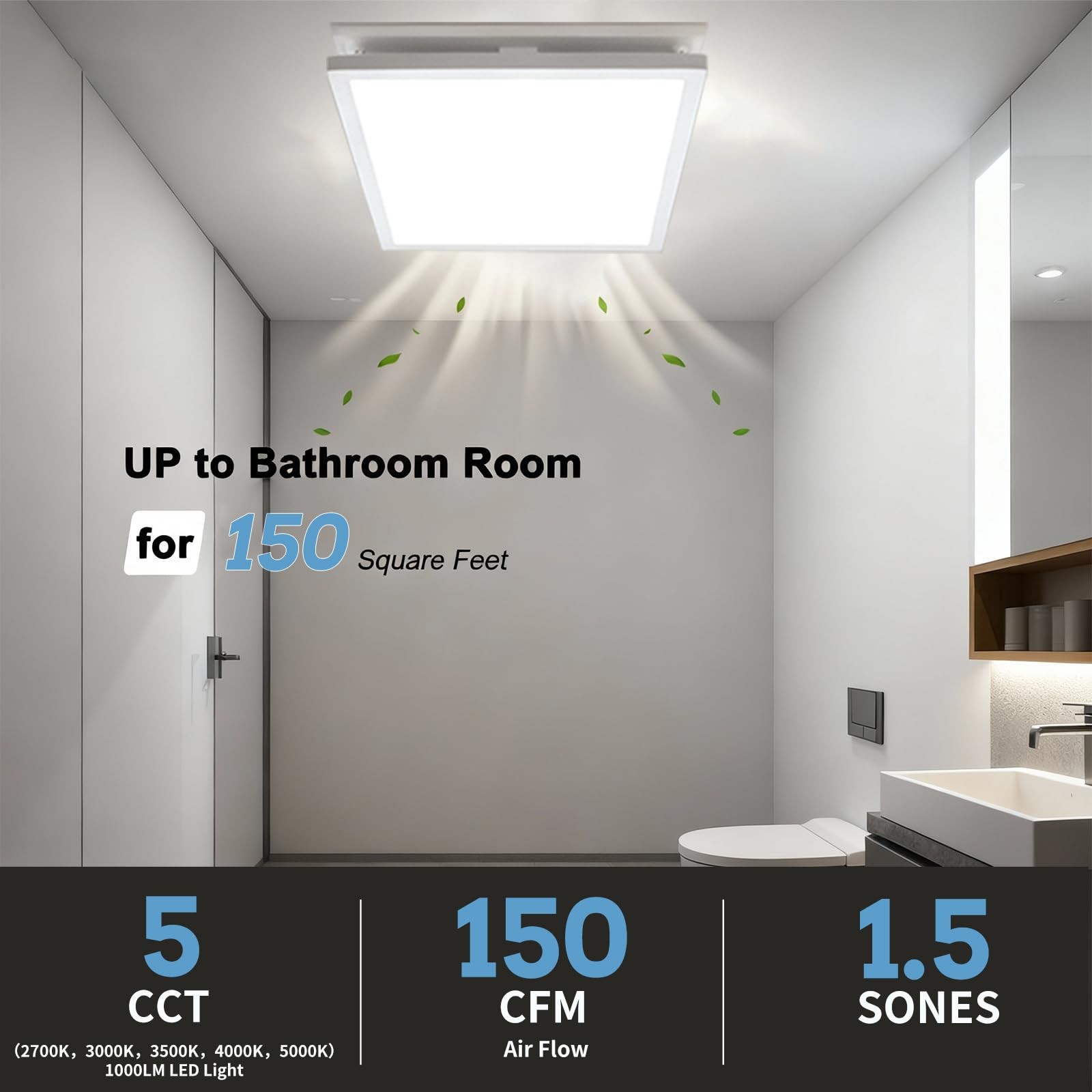 Tech Drive Modern Nickel Bathroom Exhaust Fan Light – 150 Cfm 1000Lm Dimmable
