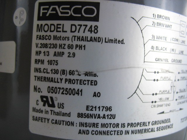 FASCO D7748 CONDENSER FAN MOTOR, 208-230V AC, 1-PHASE, 1/3HP, 49VT94 -NEW-