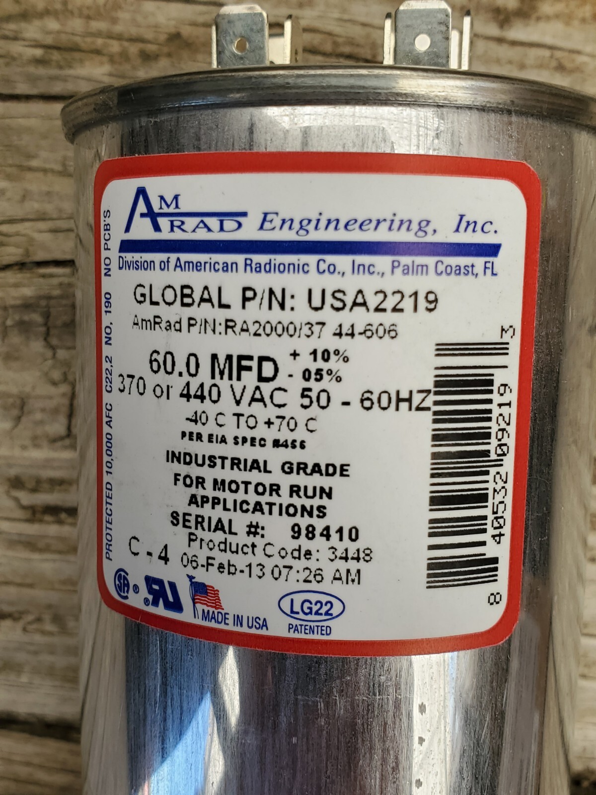 60 MFD x 370 / 440 VAC Round Run Capacitor AmRad USA2219 – Made in the USA