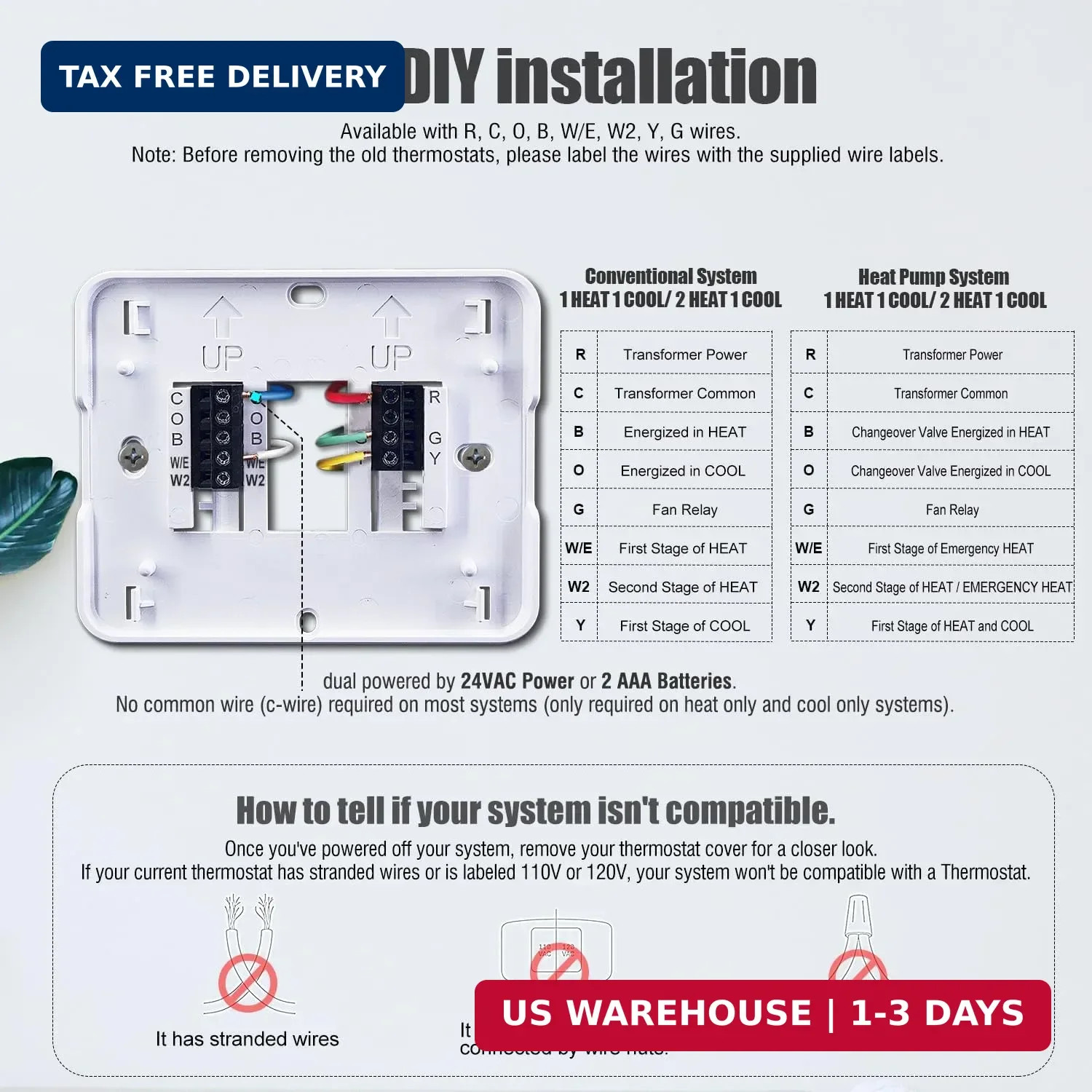 Aowel 2 Heat/ 1 Cool Non-Programmable Thermostat for Home Heat Pump System and C