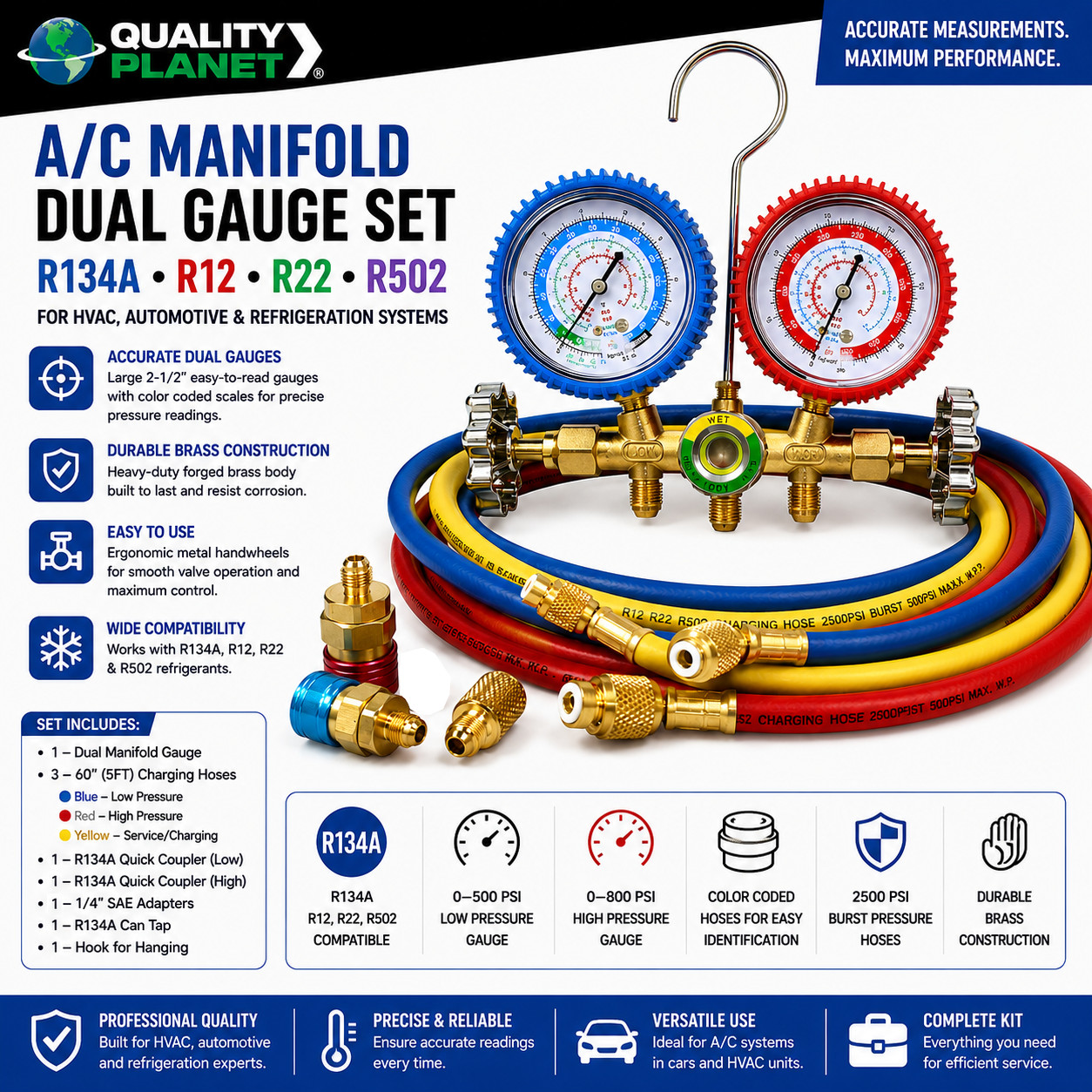 A/C Manifold Dual Gauge Set R134A R12 R22 R502 ACME HVAC AC Auto 5FT Hose
