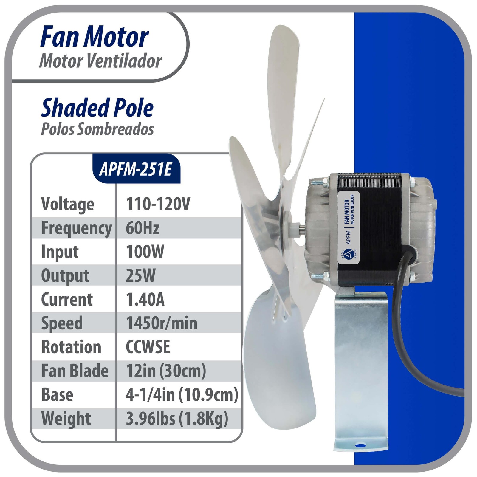 Appli Parts APFM-251E 25W Condenser and Evaporator Fan Motor 115V 60Hz 1.2A, Inc