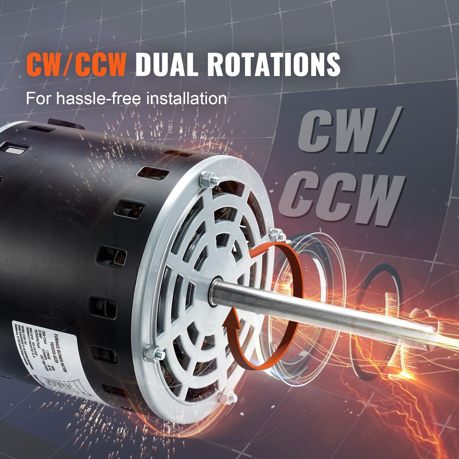 3/4HP Furnace Blower Motor, 208/230V 3.85Amps, 1075RPM 5 Speeds, CW/CCW Rotation