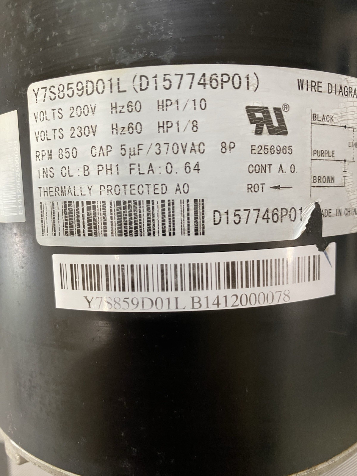 Trane Zhongshan Broad-Ocean Y7S859D01L Condenser Motor D157746P01 200/230V