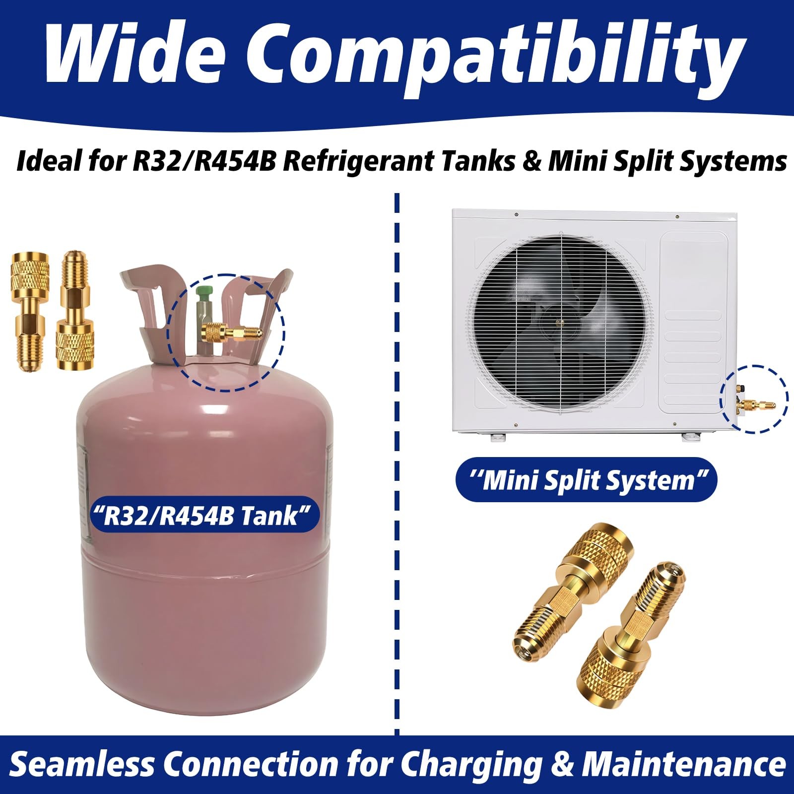 2-Pack R32 R454B Refrigerant Brass Adapter, 1/4″ Female to 1/4 inch, Gold