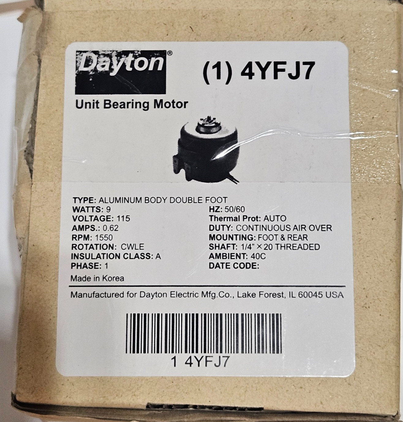Dayton 4YFJ7 Unit Bearing Motor 115V 1550 RPM CWLE 9W NEW