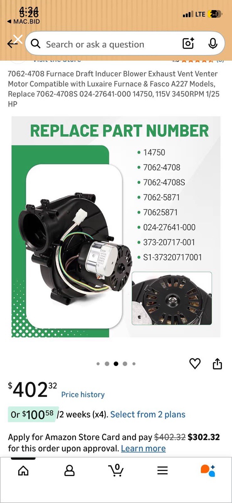 7062-4708 Draft Inducer Blower 115VAC 0.70A for York/Coleman/Luxaire