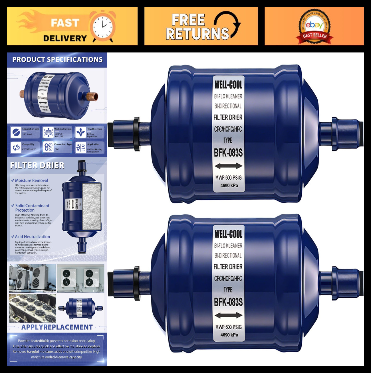 2 Pcs Bi-Flow Filter Drier for Heat Pump Refrigerants R410A R22 R134A AC Systems