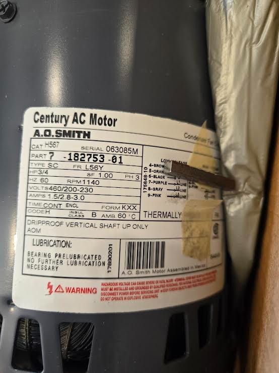 SMITH CENTURY 7-182753-01 H567 Motor 3/4HP 3PH 1140RPM 460-200/230V NEW $189