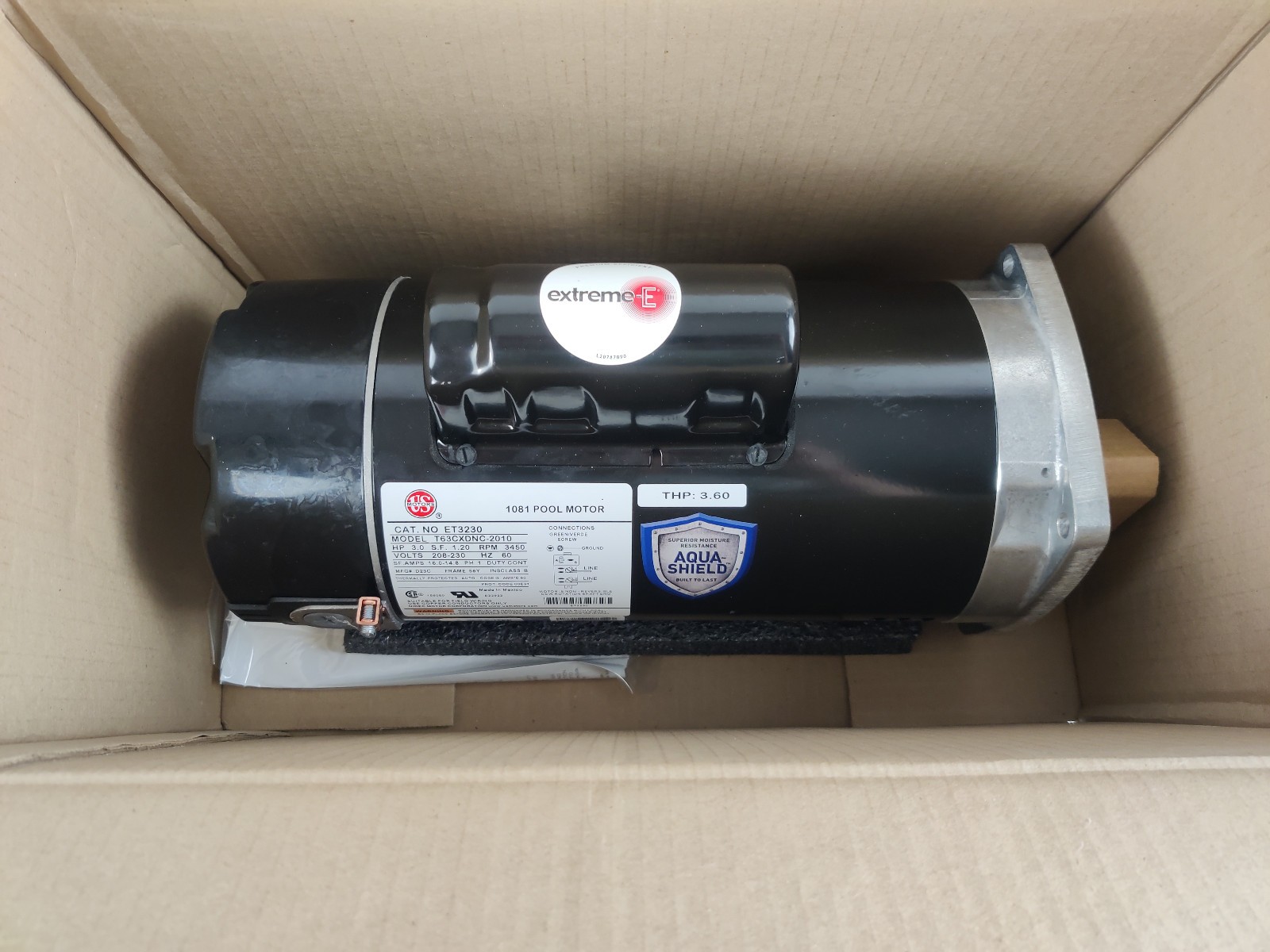 US Motors ET3230 3 HP, 3600 RPM, Single Phase, 208-230 V, 60Hz, 56Y Pool Motor