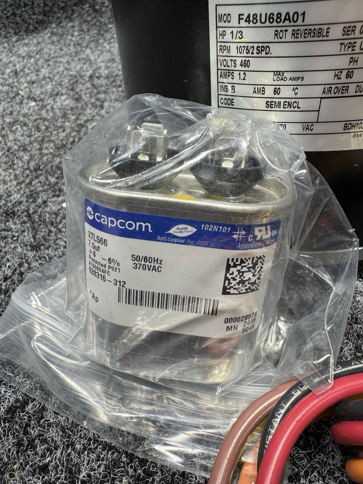 CENTURY BDH1036 Condenser Fan Motor, 1/3 HP, 460V AC, 1 Phase F48U68A01