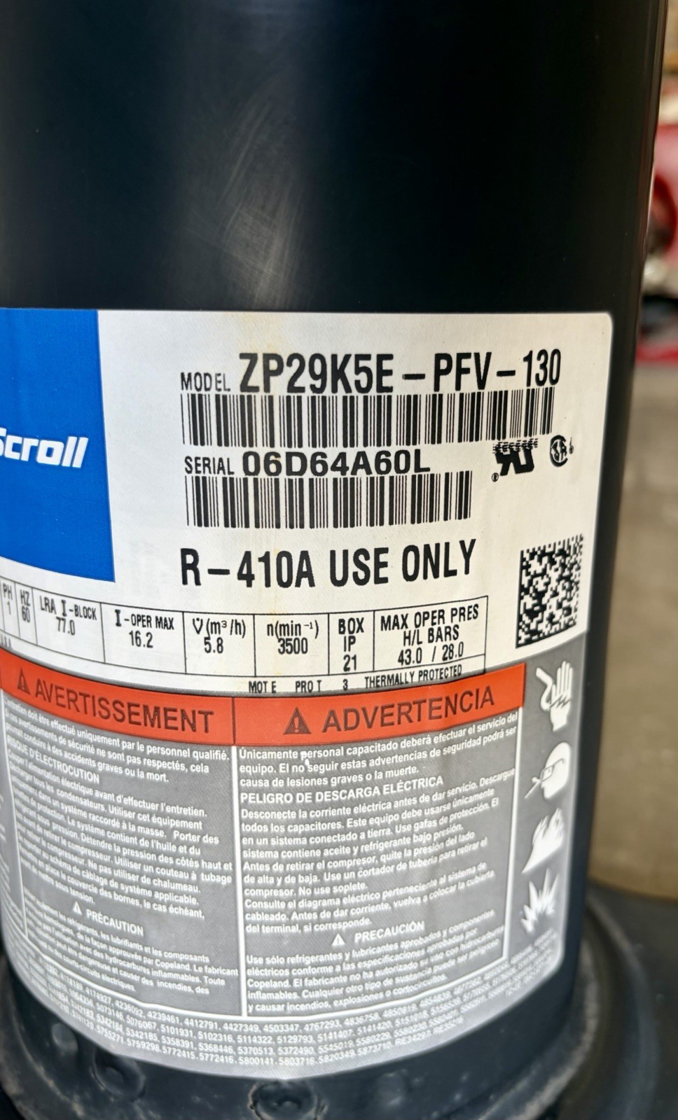 Copeland 3 Ton Scroll Compressor ZP39K5E-PFV-130 R410A 208/230V 1 PH