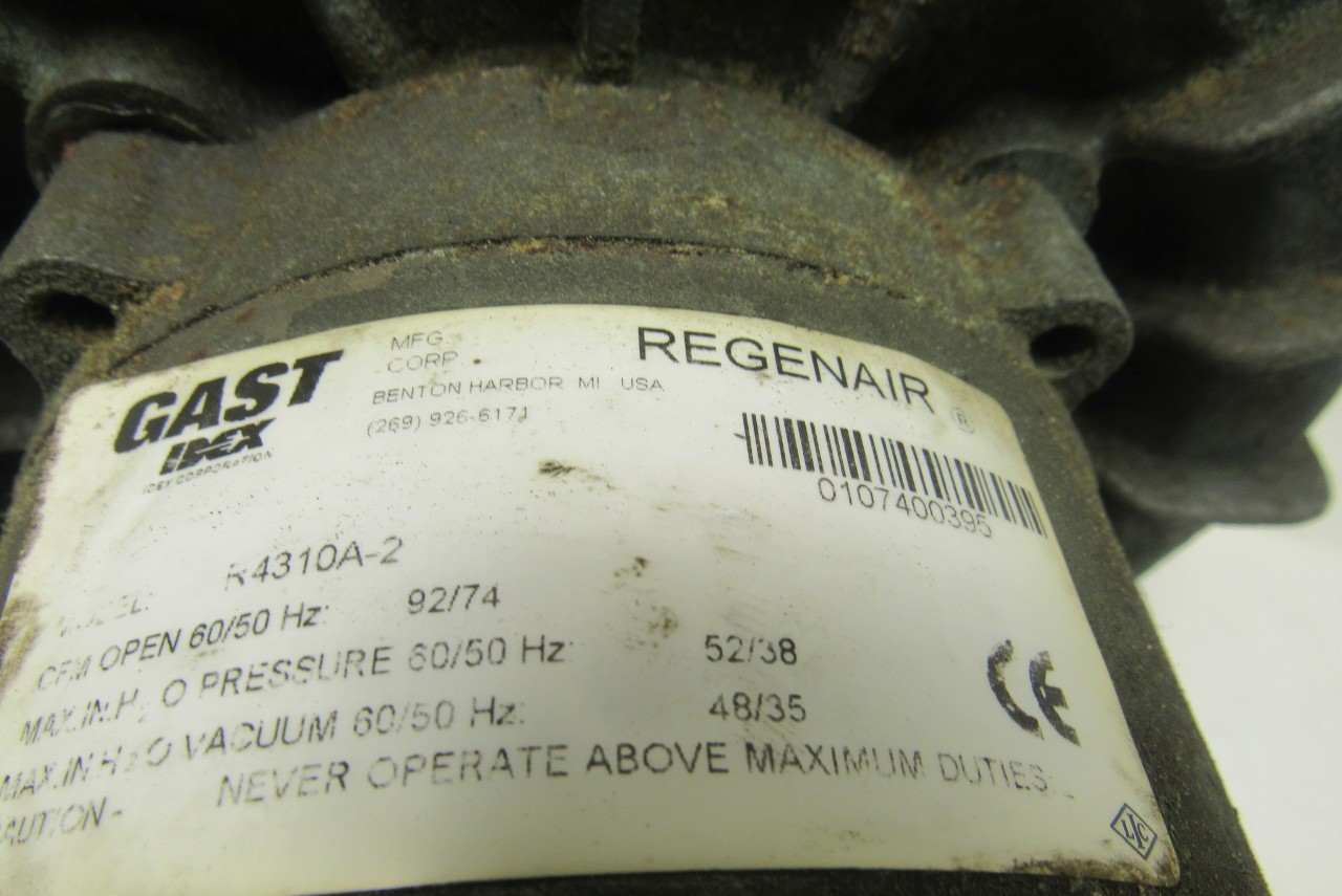 Gast R4310A-2 Regenair Blower Vacuum 1 HP 3450 RPM 208-230/460V 3Ph