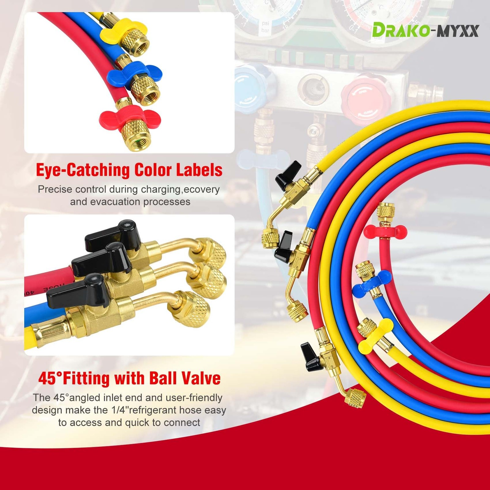 Upgrade N6HVAC Refrigerant Hoses, 1/4″ HVAC Hose 72 inches, Yellow/Red/Blue