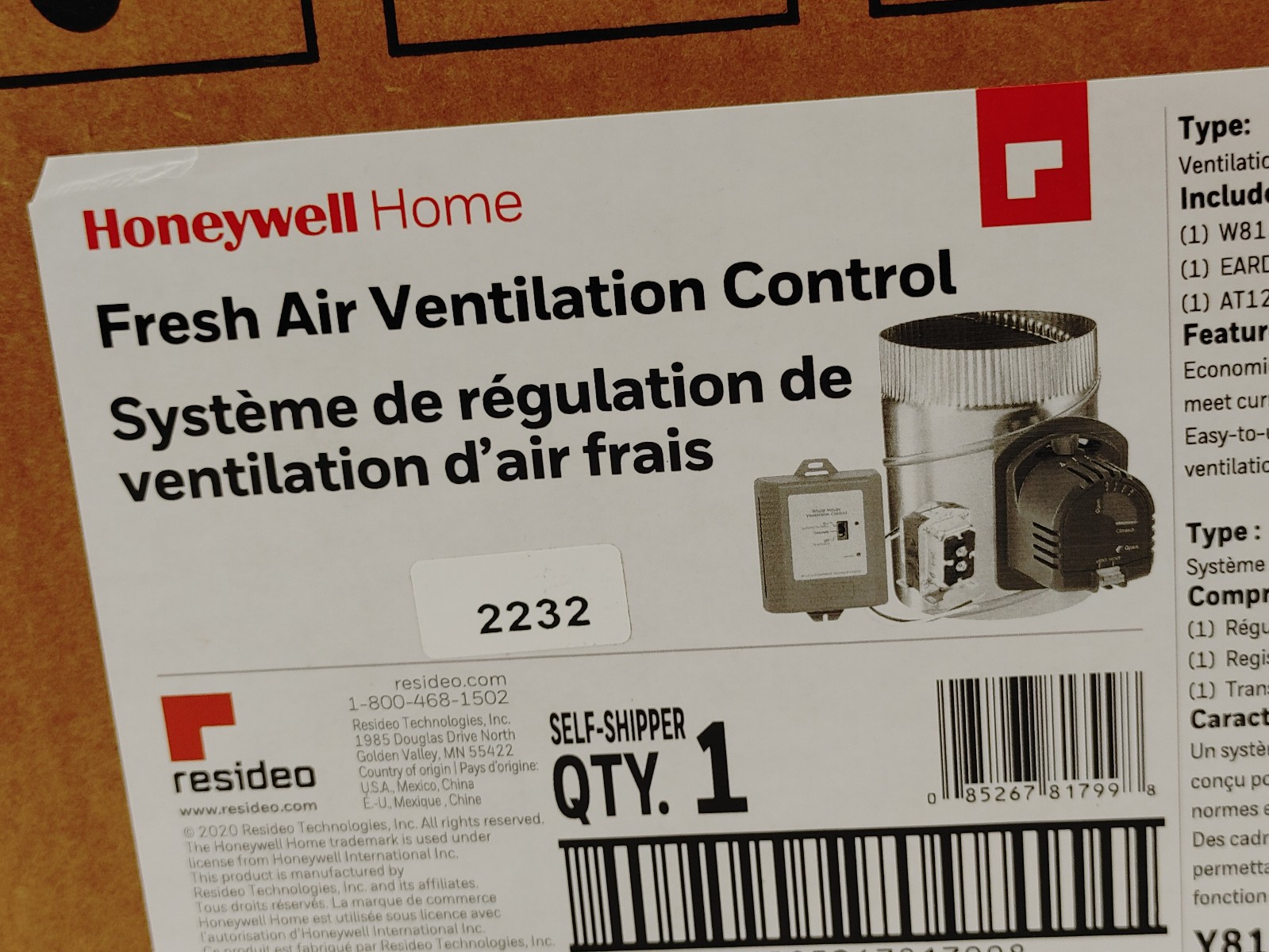 Honeywell Fresh Air Ventilation System Y8150A1017 with TrueZone Damper
