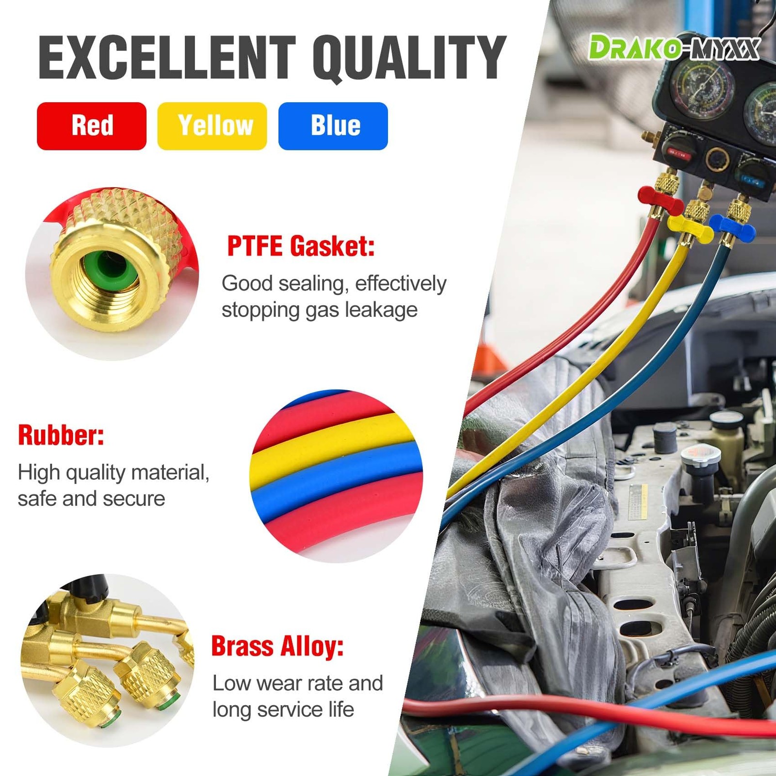 Upgrade N6HVAC Refrigerant Hoses, 1/4″ HVAC Hose 72 inches, Yellow/Red/Blue