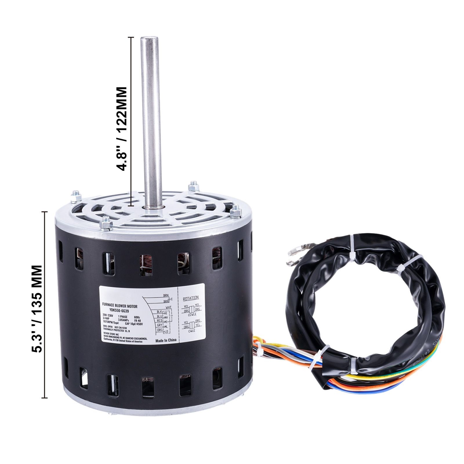 3/4HP Furnace Blower Motor, 208/230V 3.85Amps, 1075RPM 5 Speeds, CW/CCW Rotation