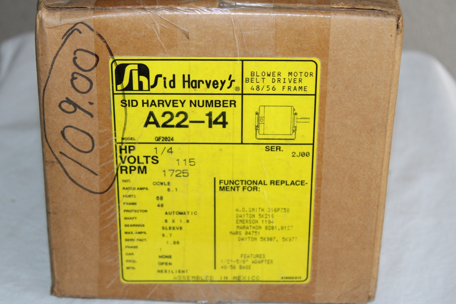 NOS Sid Harvey A22-14 Motor Ball Bearing 1/4 HP 1725 RPM 115 VAC FREE SHIPPING