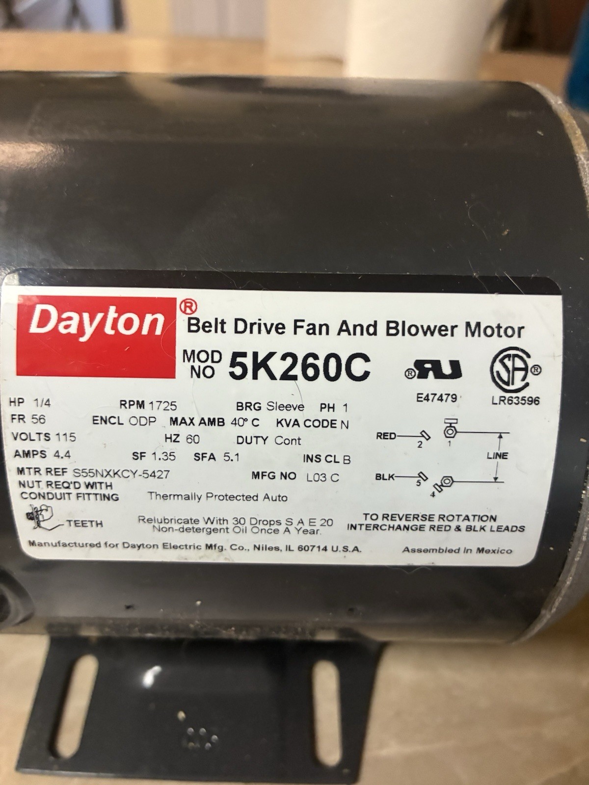 Dayton Belt Drive Fan And Blower Motor 5K260C Nos Frame 56 Reversible.