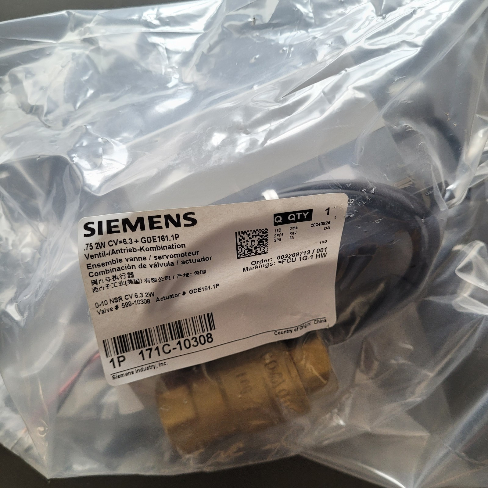 Siemens 171C-10308 2-way Ball Valve Cv=6.3 0-10V Actuator