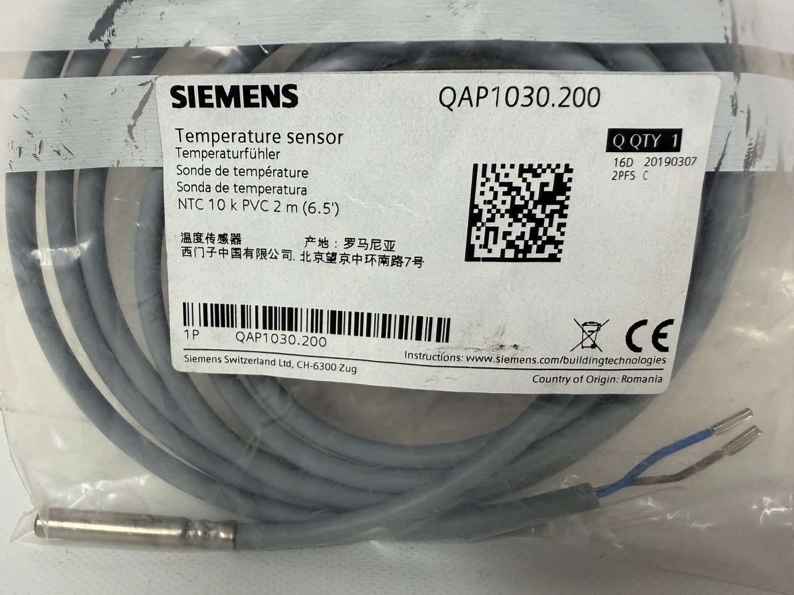 SIEMENS QAP1030.200 TEMPERATURE SENSOR NTC 10 K PVC 6.5′ NEW IN BAG