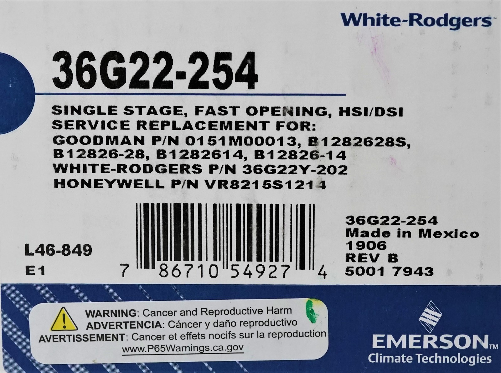 36G22-254 White-Rodgers Gas Heating Furnace Valve for Goodman 0151M00013