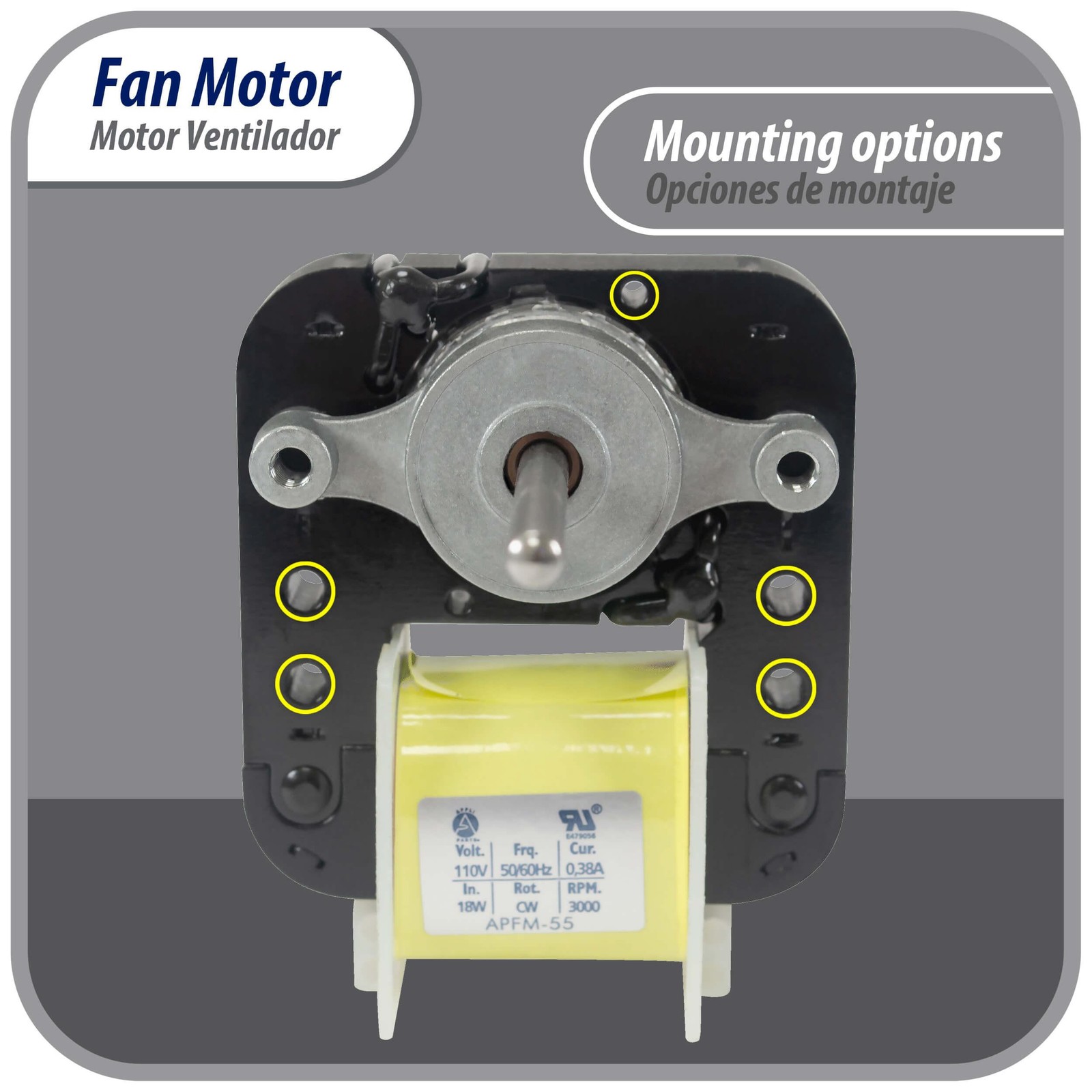 Appli Parts APFM-55 18 W Fan Motor, 110 V, 50/60 Hz, 0.38 A, 3000 rpm, CW rotati