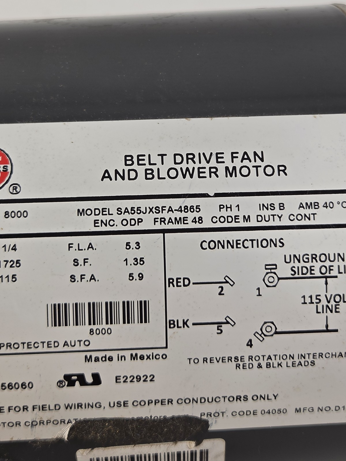 US Motors Belt Drive Fan & Blower Motor SA55JXSFA-4865 1/4 HP 1725 RPM 60 Hz