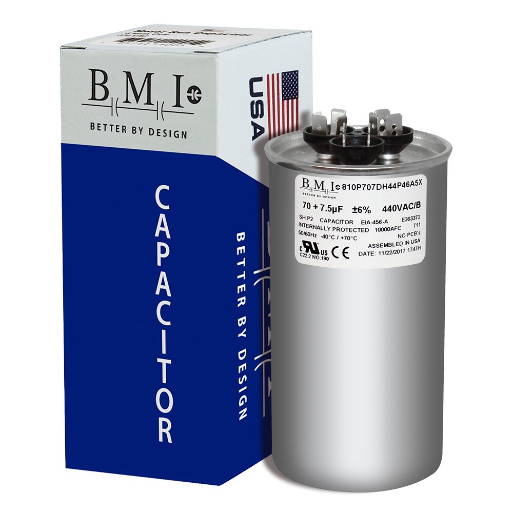 70 + 7.5 MFD Round Run Capacitor ( 440V / 370V )