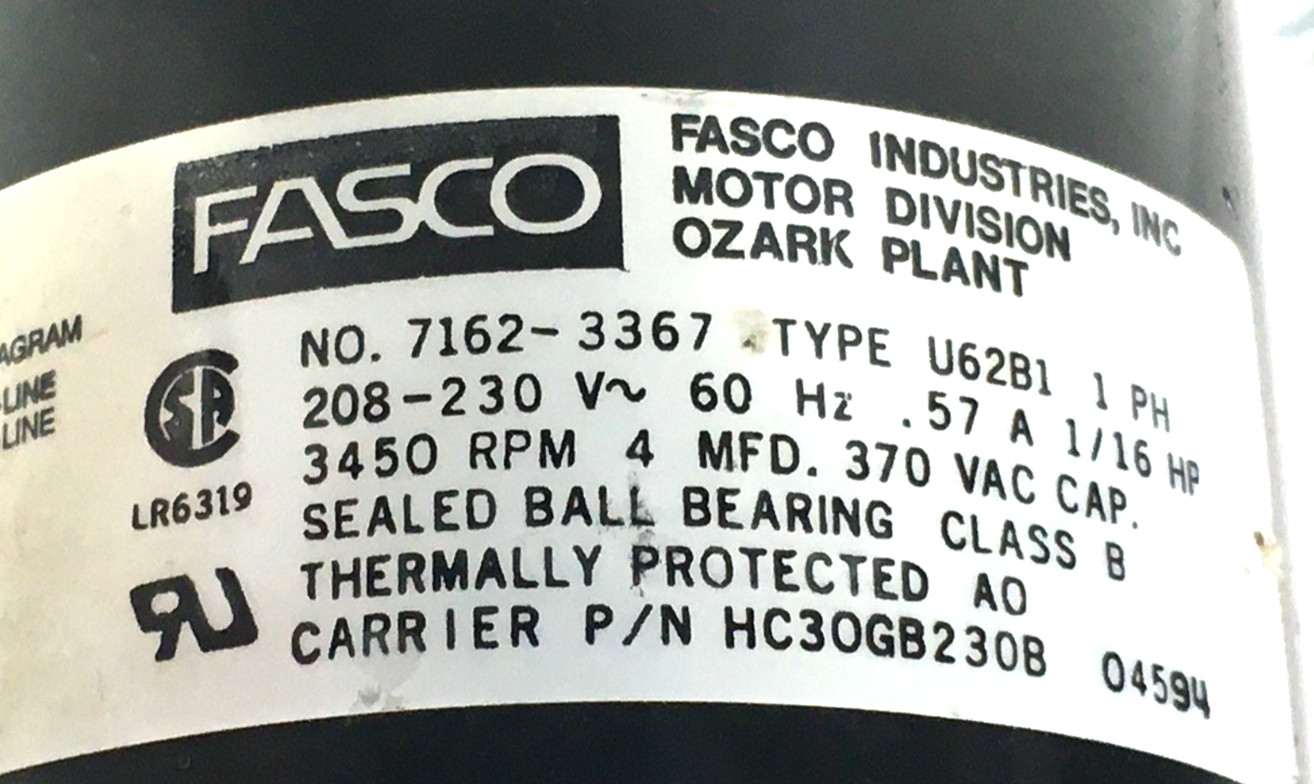 Fasco 7162-3367 Type U62B1 1/16 HP 208-230 Volt 3450 RPM HC30GB230B used #ML283