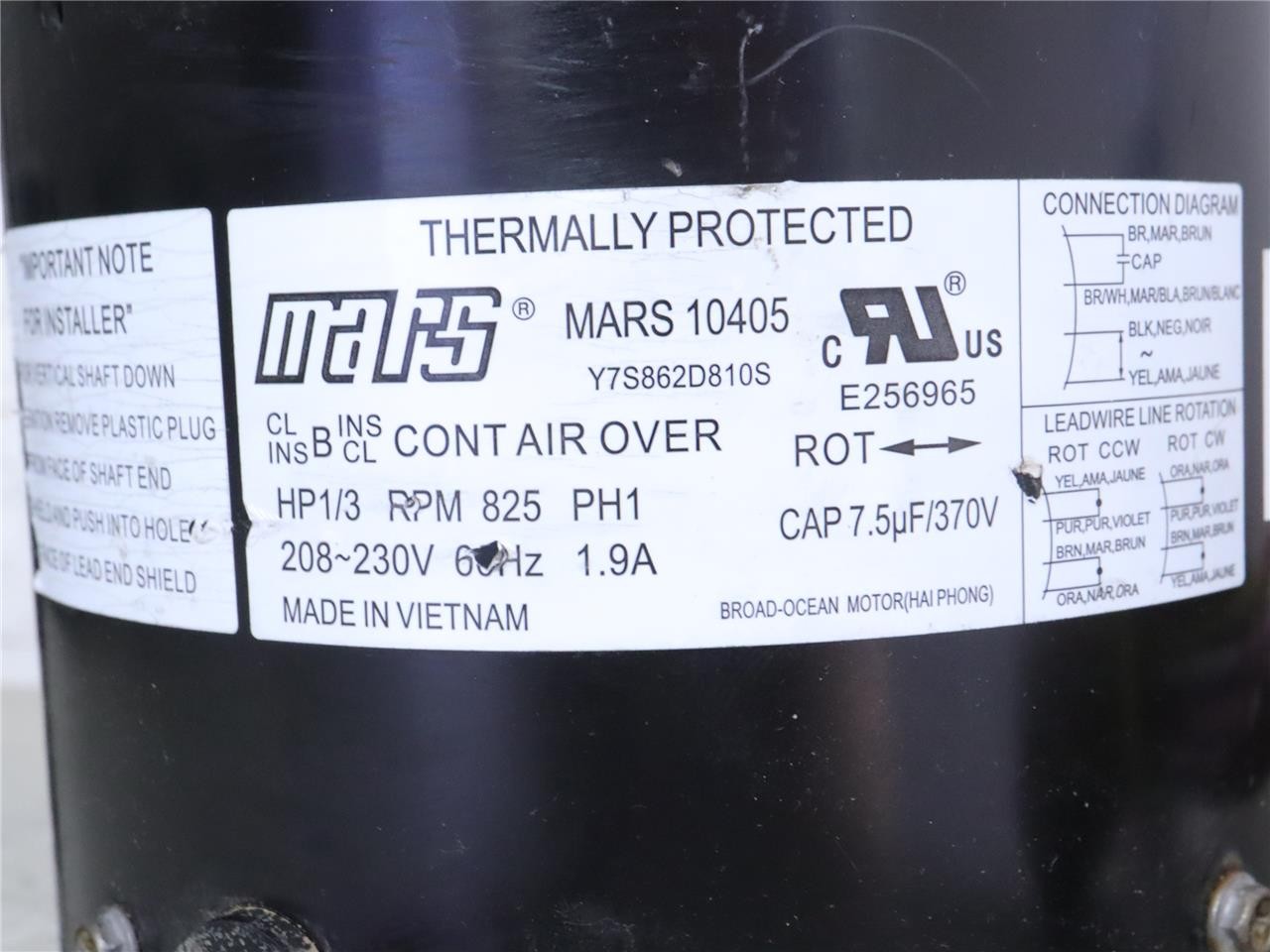 MARS 10405 Condenser Fan Motor 1/3HP 825RPM 208/230V Y7S862D810S