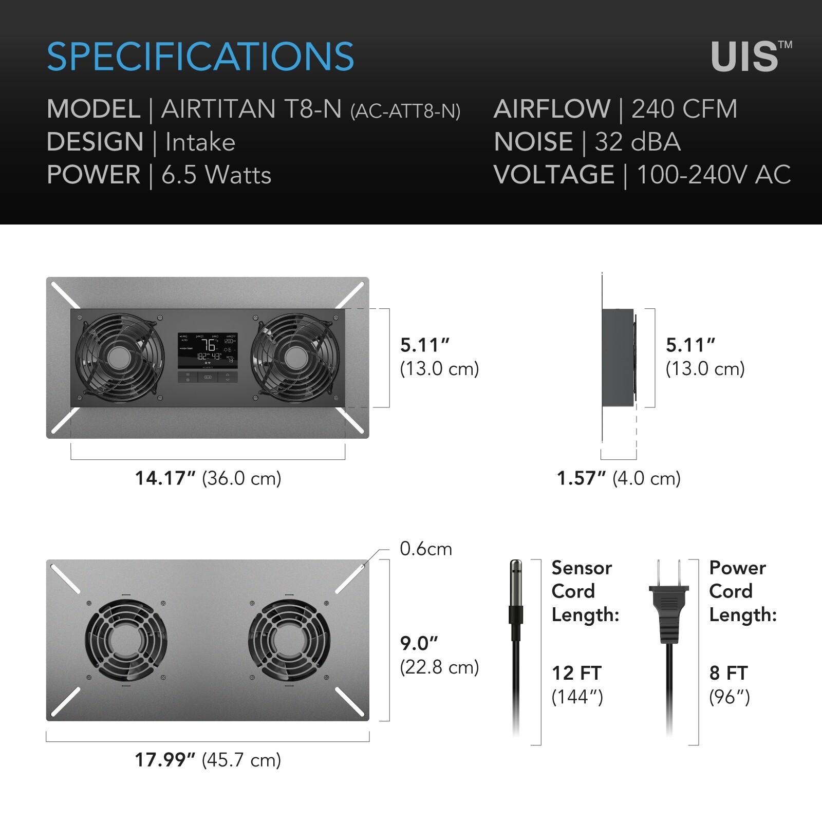 AIRTITAN T8-N, Crawlspace Basement Ventilator Fan, IP55 Water Resistant, Intake