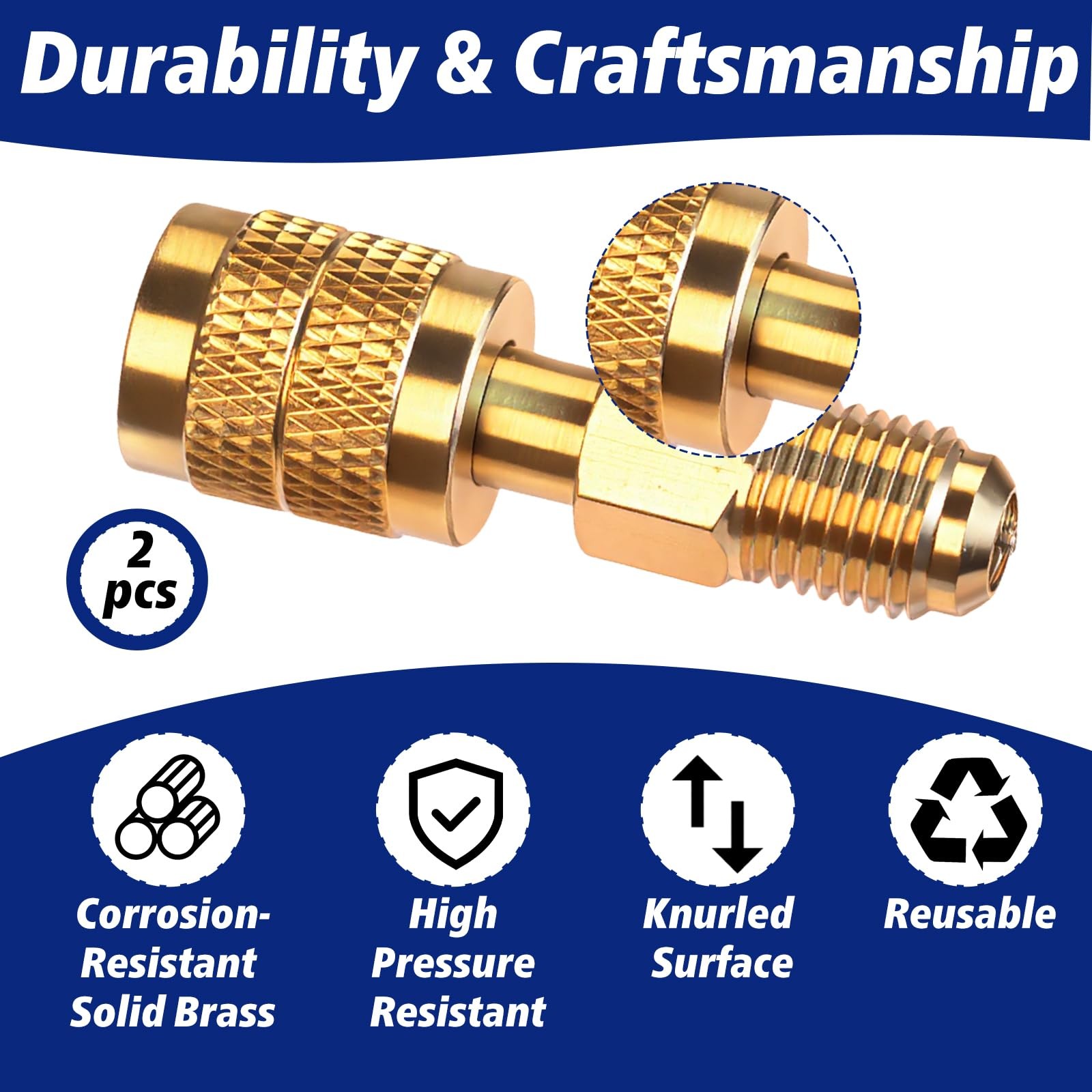2-Pack R32 R454B Refrigerant Brass Adapter, 1/4″ Female to 1/4 inch, Gold