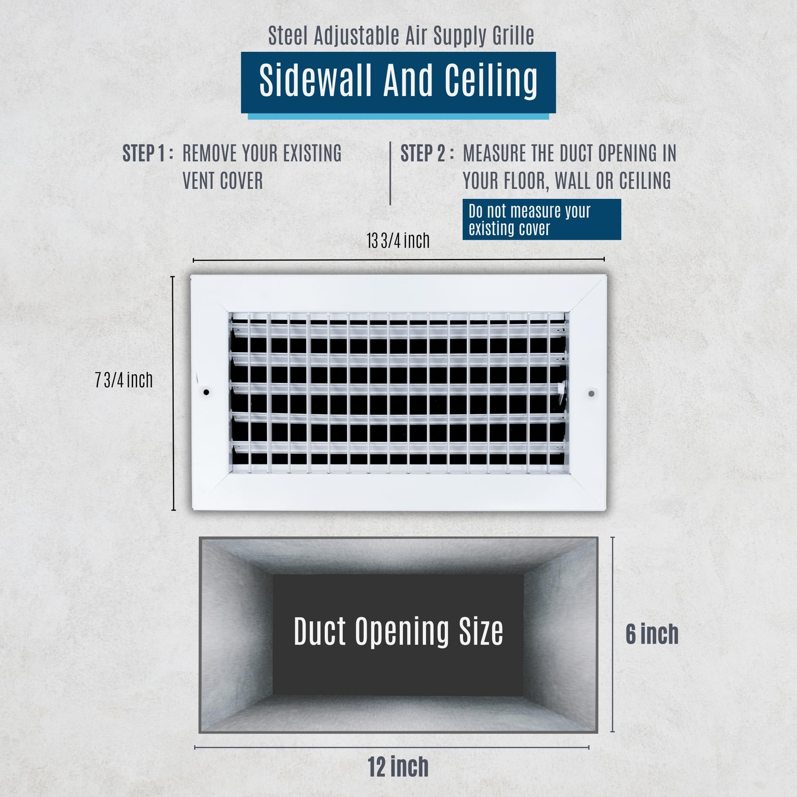 Handua Steel Adjustable Air Supply Grille 12×6 Duct Opening White Ceiling Wall R