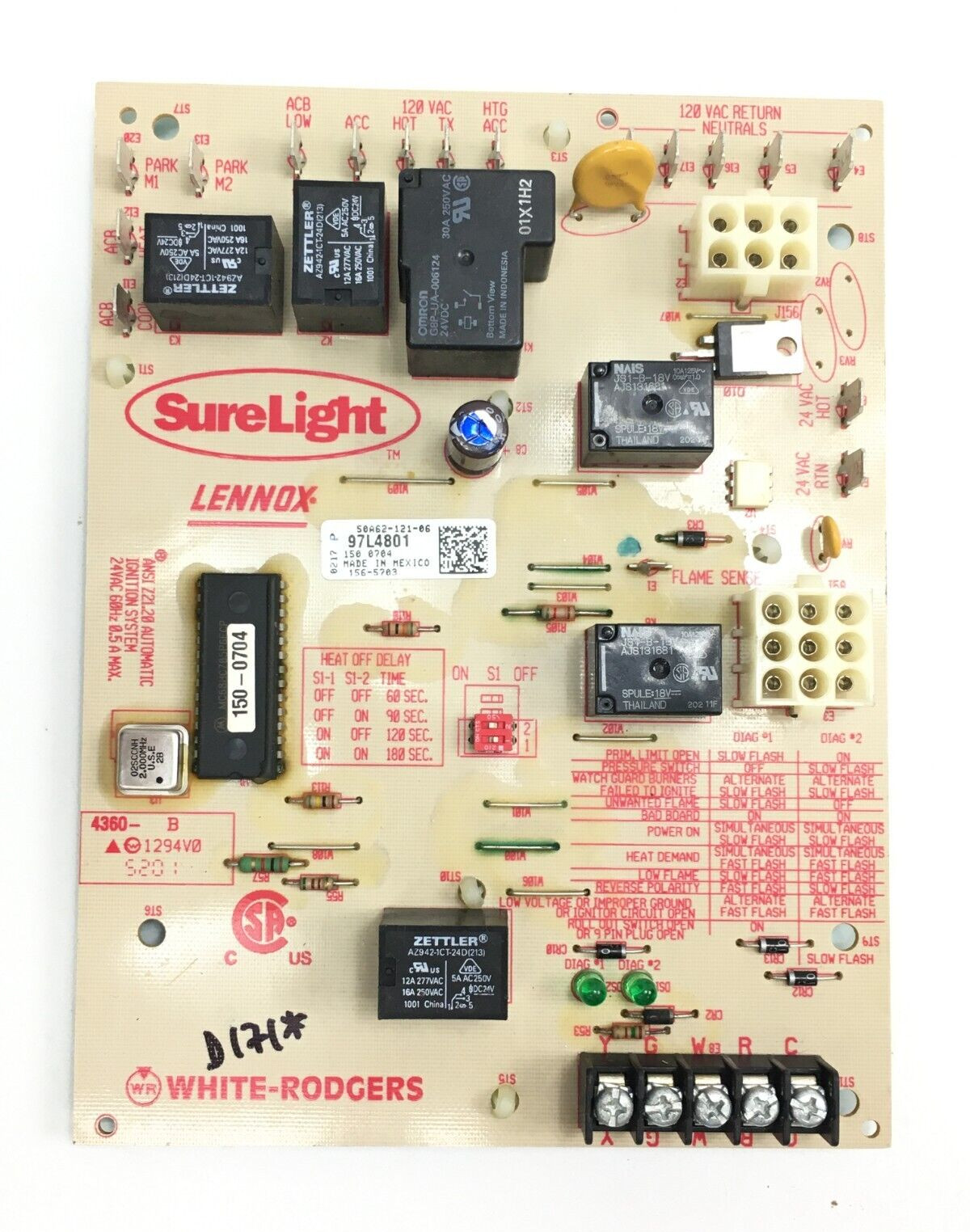 Lennox SureLight Control Board 97L4801 White Rodgers 50A62-121 used #D171*