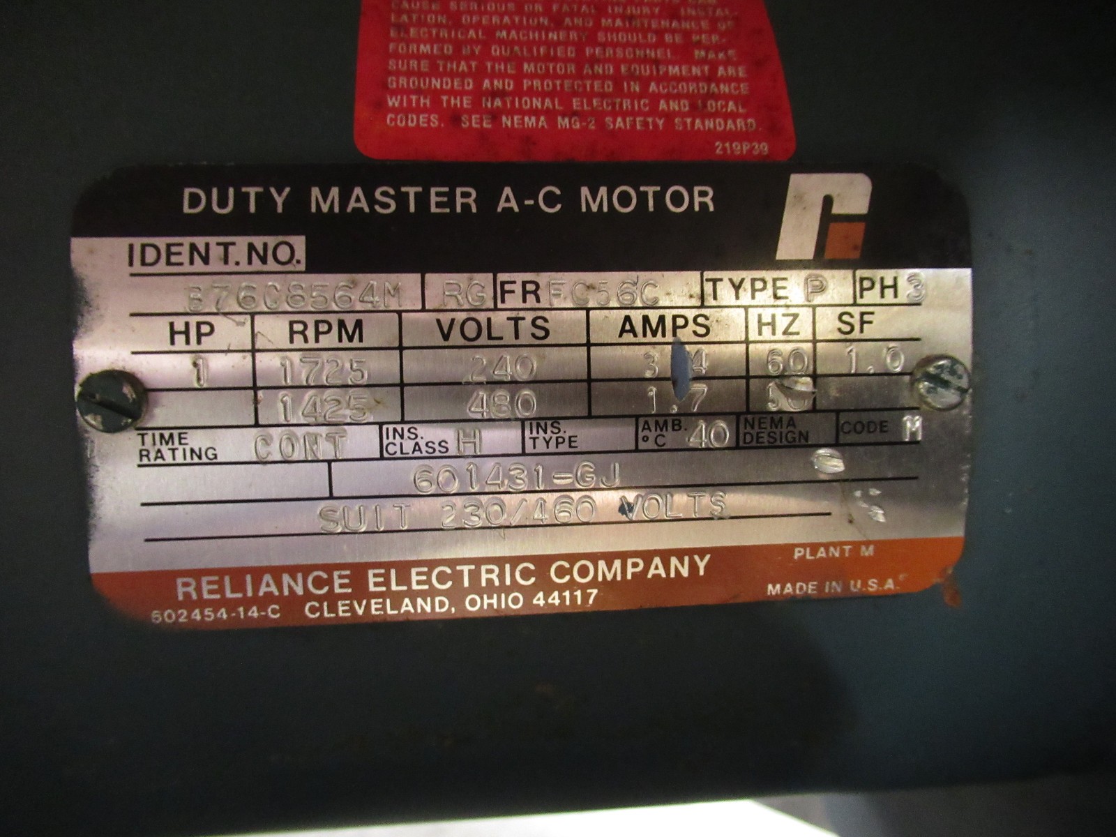 NOS Reliance Electric 1 H.P. Blower Kit 417077-4 B400ATZ 3 Phase 1725 RPM NEW!!
