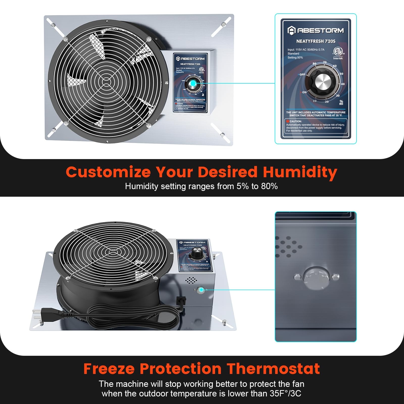 Abestorm 720Cfm Crawlspace Ventilation Fans Ip-55 Grade Basements Stainless
