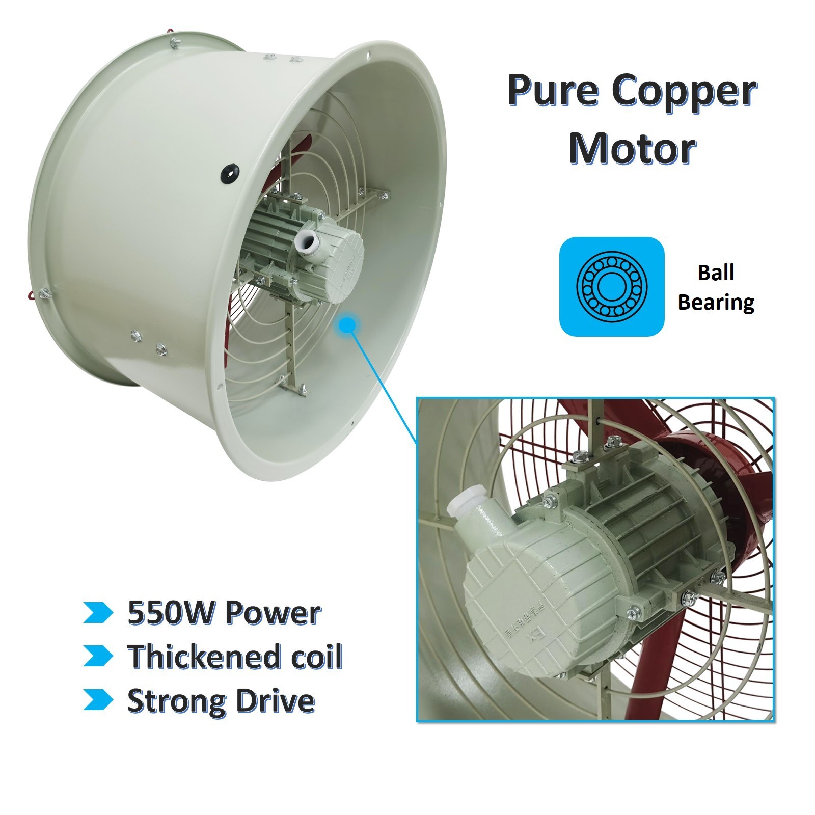 110V 19in Explosion Proof Exhaust Fan 550W Cylinder Pipe Fan Wall Mount Ventilat
