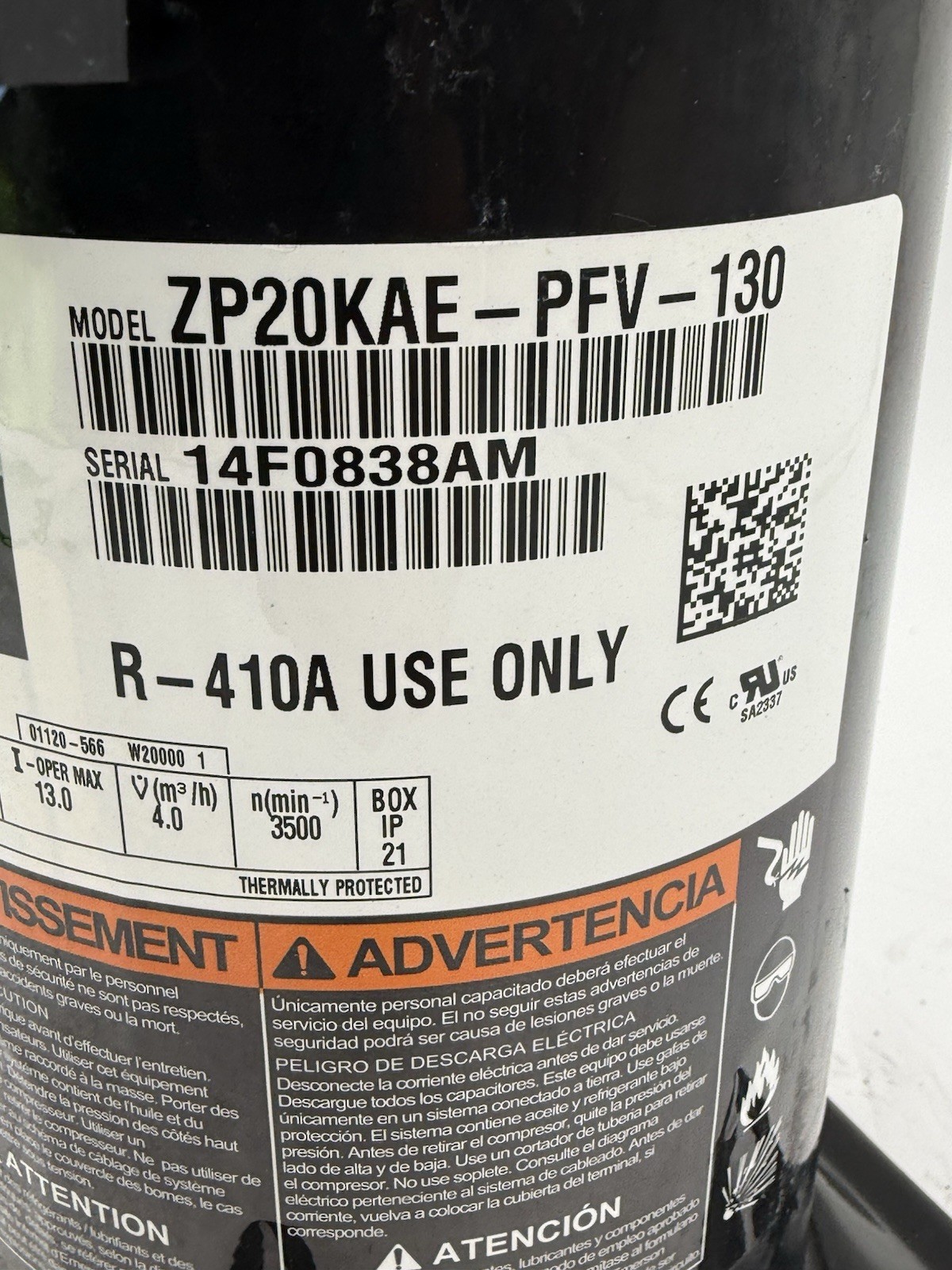 Copeland ZP20KAE-PFV-130 Scroll Compressor R410A 208/230V 1 PH used #A1-39