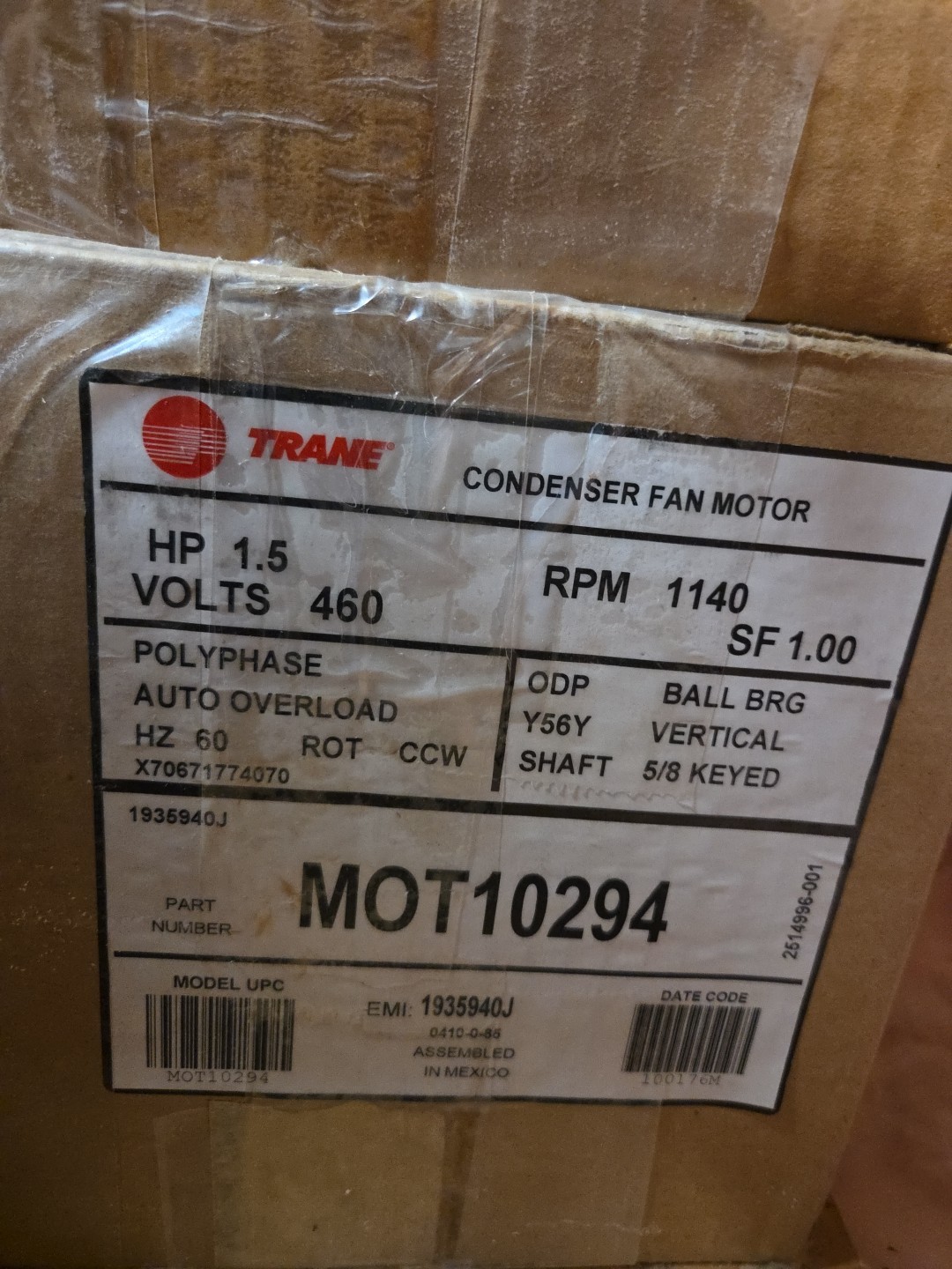 MOT10294 Trane Condenser Fan Motor 460V 3 Phase Motor – 1.5HP, 1140RPM, 56Frame