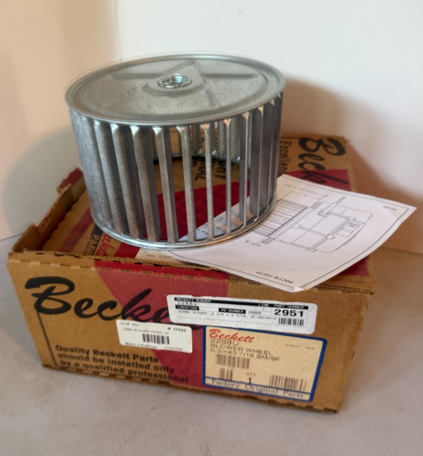 Beckett 2288U Blower Wheel 5-3/4 x 3-7/16 Oil Burner HVAC NOS w/ Instructions
